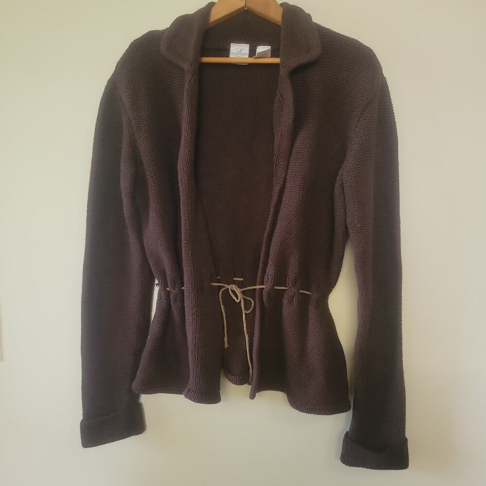 Women's Size M Brown Knit Shawl Collar Cardigan Belted Waist Boho Hippie Peasant